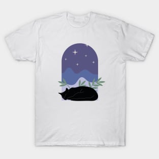 Sleepy cozy black cat with plants and night sky in boho minimalist style T-Shirt